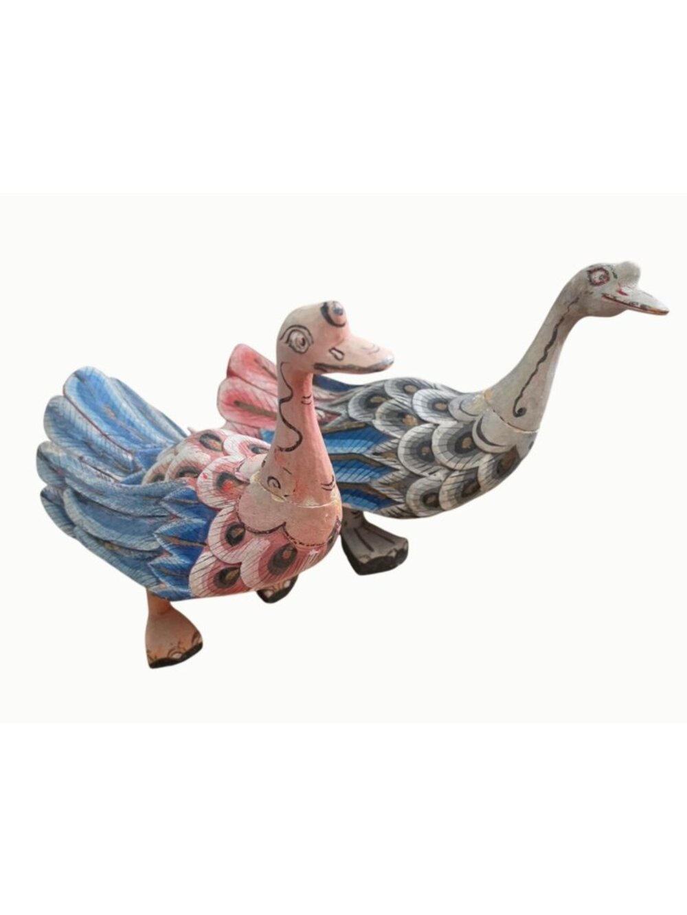 Vintage Indonesian Hand Carved Painted Wood Geese Folk Art Pair